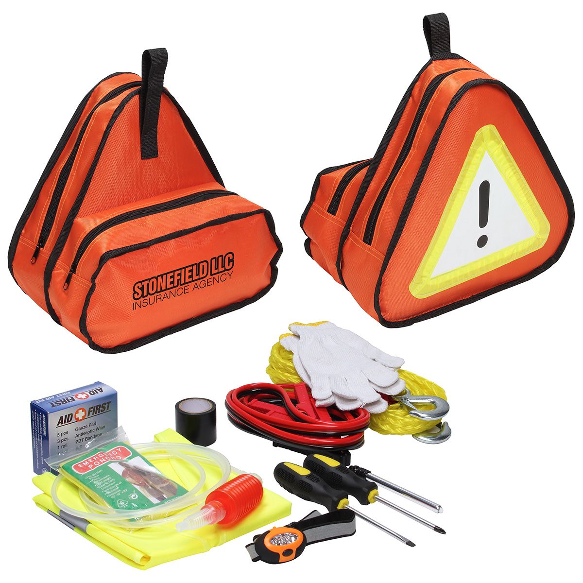 orange triangle bag with car essentials